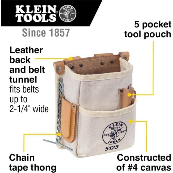 Tools 5125 Canvas and Leather 5-Pocket Tool Pouch with Chain Tape Thong - Picture 9 of 14